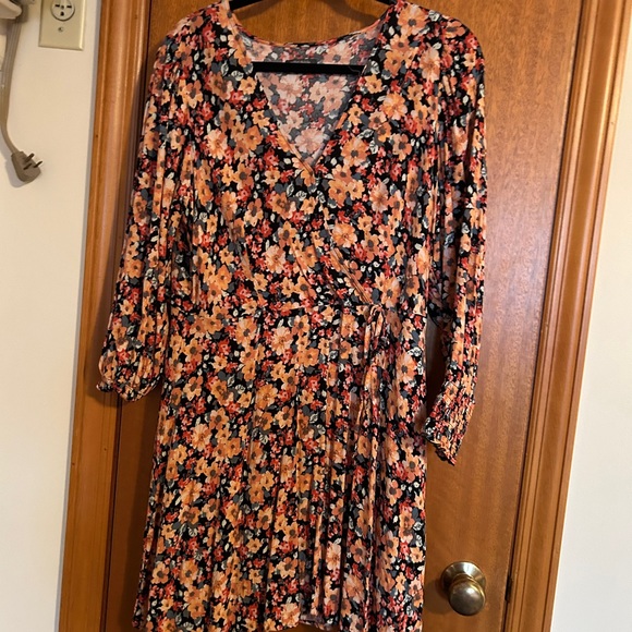 Spring Floral Wrap Dress Scrunch Sleeve Easter Orange Pink Blue Flowers - Picture 3 of 9
